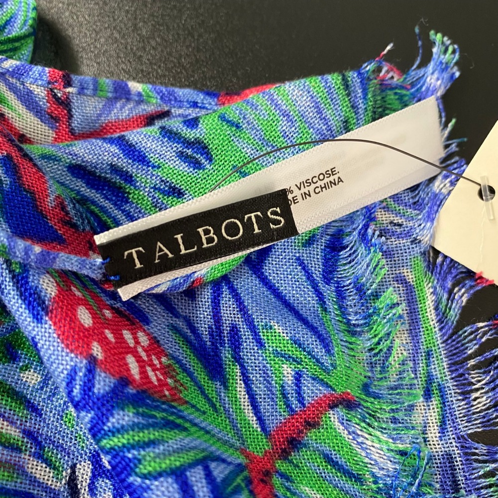 Talbots Womens Scarf One Size Green Blue Red Pinecone Print Fringed Viscose NWT - Picture 5 of 12